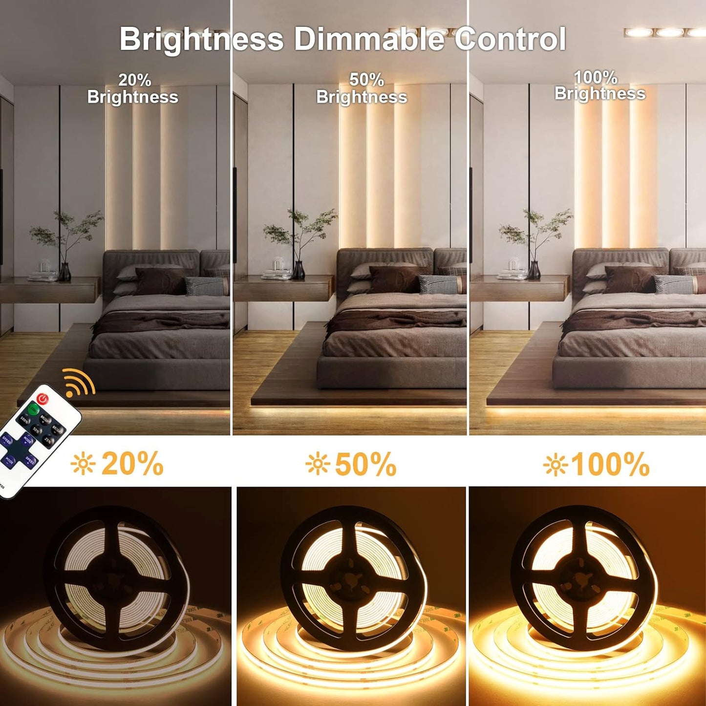 Hicolead COB LED Strip Kits 3M, Dimmable LED Strips with Power Supply and Remote Controller for Room Decoration
