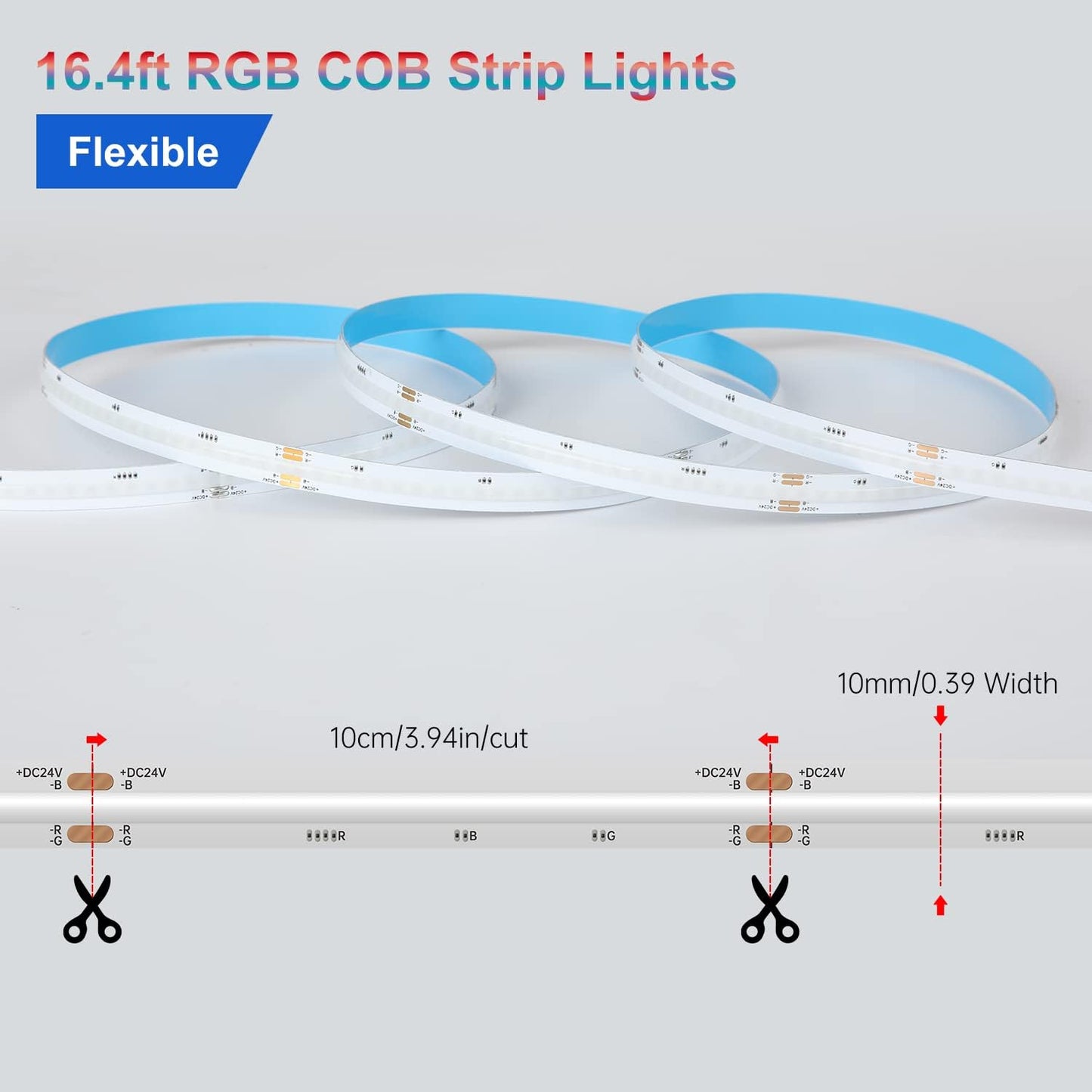 24V Dimmable RGB COB LED Strip Light Kit, 16.4FT, 12W/M, Flexible & Cuttable Lighting for Bedroom, Kitchen, DIY Home Decoration