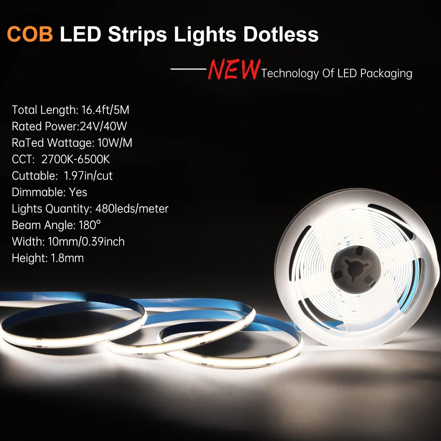 CCT COB LED Strip, Tunable White LED Strip Light , CRI 90+, 608 LEDs/M, DC24V, Dimmable 2700-6500K Dual White for Room Decoration（without Adaptor&Remote）
